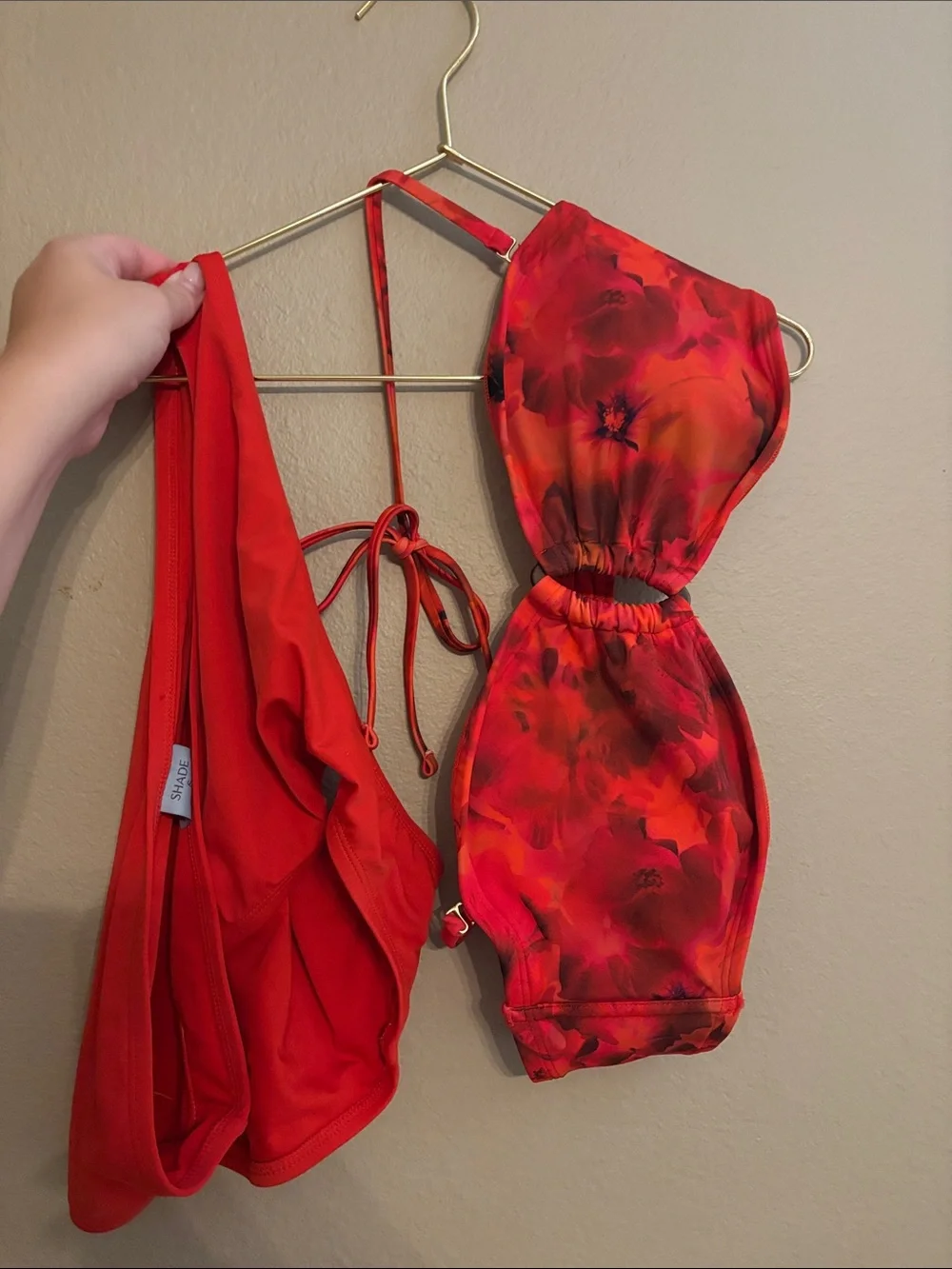 Shade & Shore Red Floral Print Bikini Top and Solid Red Bottoms